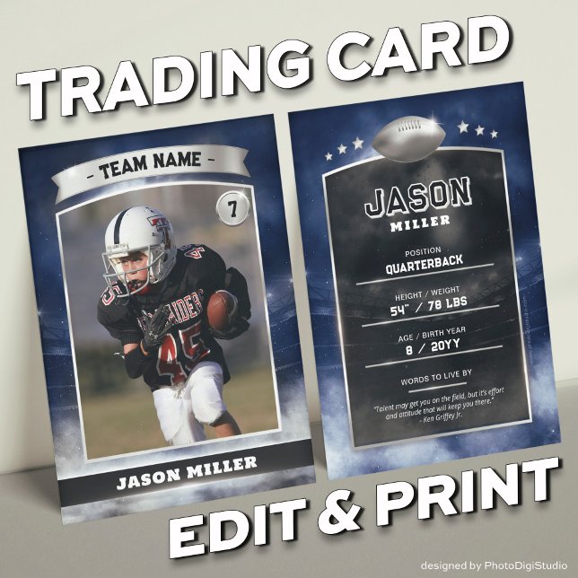 Custom Football Trading Card Blue Silver Stadium (Custom Trading Card, Editable Football Trading Card, Modern Blue Silver Stadium Design)