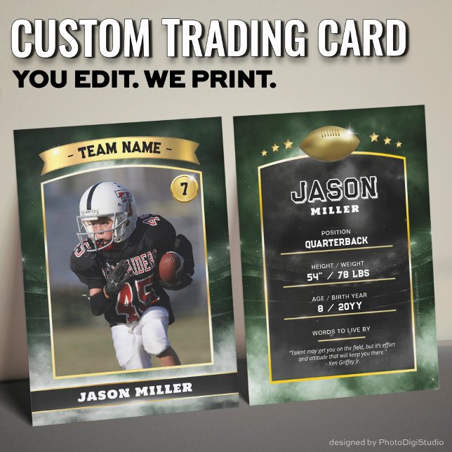 Custom Football Trading Card Green Gold Stadium (Custom Trading Card Black, Editable Football Trading Card, Modern Green Gold Stadium Design)