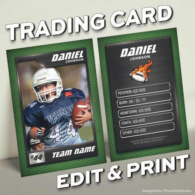 Custom Football Trading Card, Player Profile Card (Custom Football Trading Card, Player Profile Card, Silver Green Trading Card Personalized  Card)