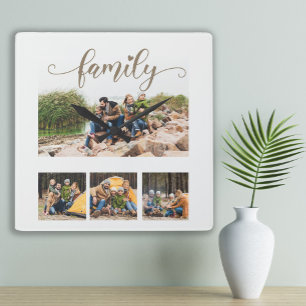 Custom Four Family Photo Collage Cute Script Text Square Wall Clock