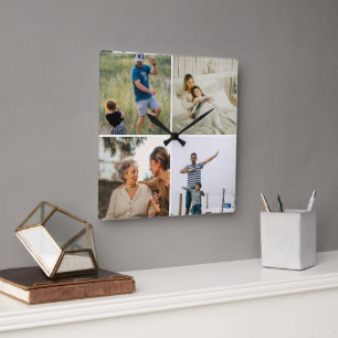 Custom Four Photo Collage Template Modern Square Wall Clock