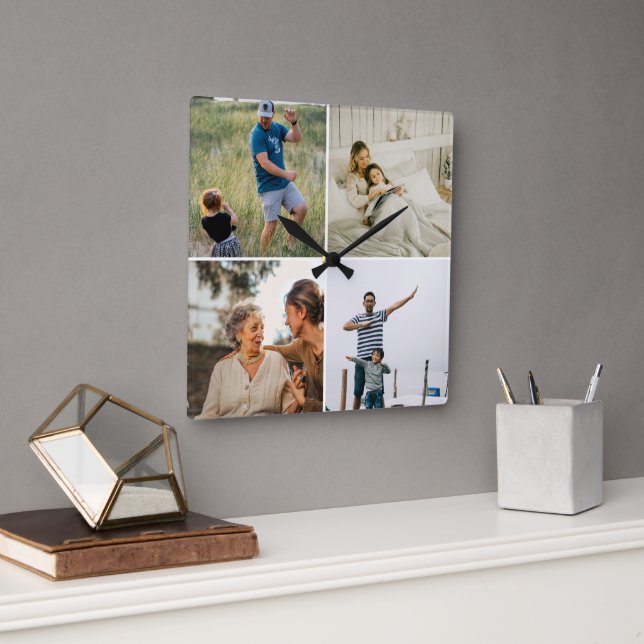 Custom Four Photo Collage Template Modern  Square Wall Clock (Office)
