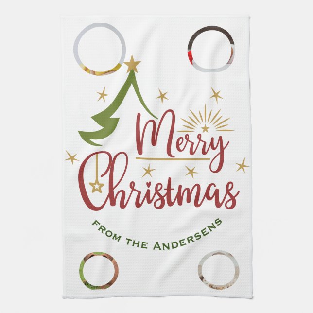 Custom Four-Photo 🎄 Holiday Gift Tea Towel (Vertical)