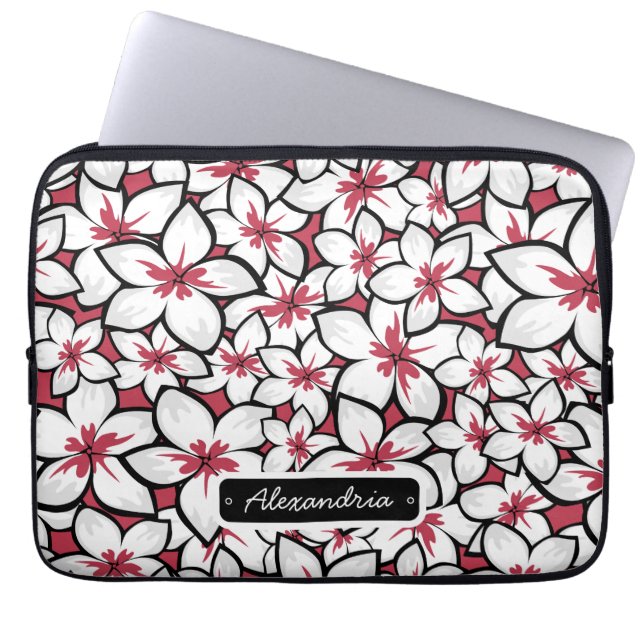 Custom Frangipani Pattern Fuchsia Pink and White Laptop Sleeve (Front)