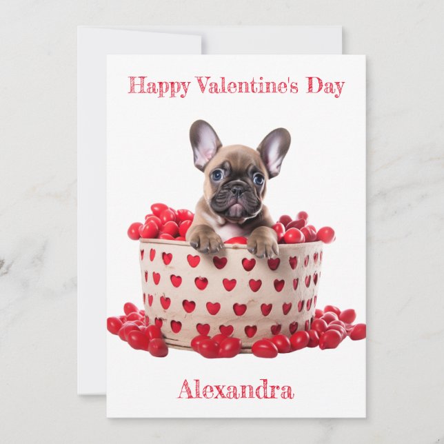 Custom French Bulldog Basket with Hearts Valentine Holiday Card (Front)
