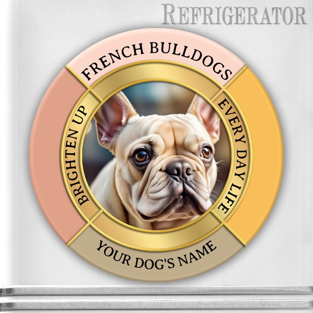 Custom French Bulldog Gold Frame Photo Magnet (French bulldog personalized photo magnet with gold pastel elegant design)