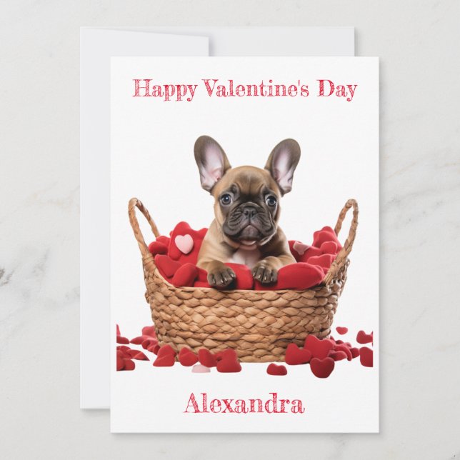 Custom French Bulldog Hearts in Basket Valentine Holiday Card (Front)