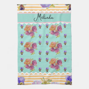 Custom French Pastel Purple Aqua Pansy Womans Name Tea Towel