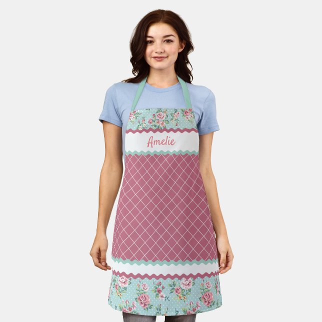 Custom French Pastel Teal Blue Blush Pink Roses Apron (Worn)