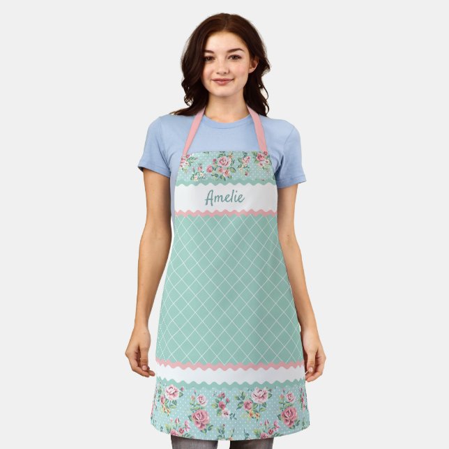 Custom French Pastel Teal Blue Blush Pink Roses Apron (Worn)