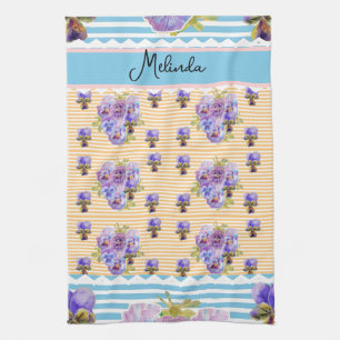 Custom French Pastel Yellow Blue Pansy Womans Name Tea Towel