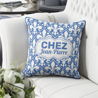 Custom French Text blue and white Fleur de lys Cushion