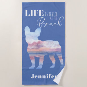 Custom Frenchie Beach Scene Silhouette Beach Towel