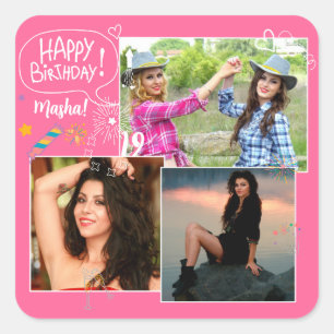 Custom Friend Happy Birthday Photo Collage Square Sticker