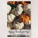 Custom From our Family Pumpkin patch Thanksgiving Jigsaw Puzzle<br><div class="desc">Give a gift to those family and friends who love puzzles. Featuring my white and orange pumpkin harvest photography with the words "Happy Thanksgiving!". Customize personalized text as desired.</div>