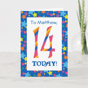 Custom Front 14th Birthday Bright Stripes, Stars Card