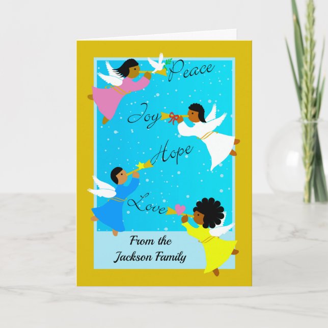 Custom Front Christmas with Multicultural Angels  Card (Front)