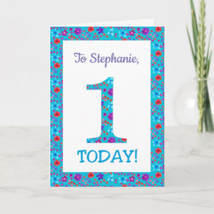 Custom Front Pretty Floral 1st Birthday Card Blue