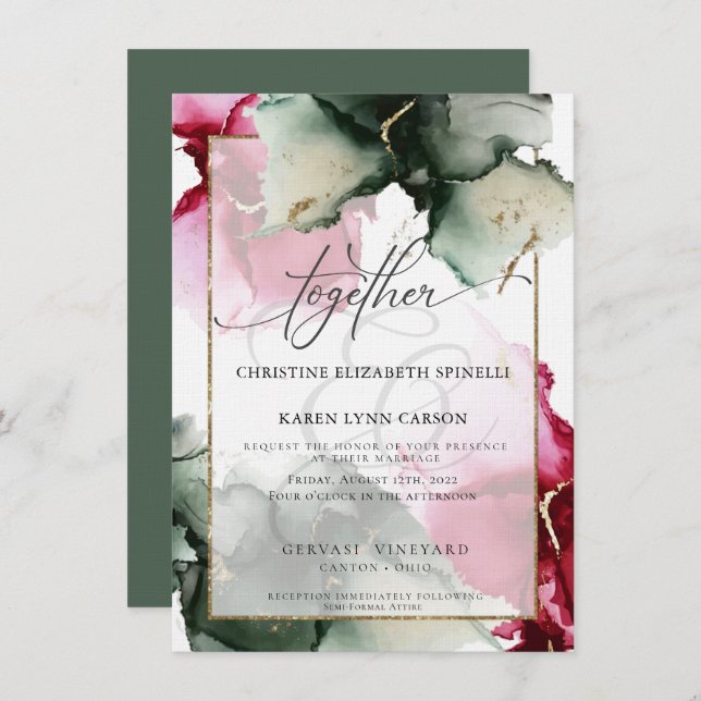CUSTOM Fuchsia and Sage Green Watercolor  Invitati Invitation (Front/Back)