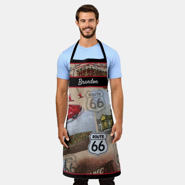 Custom Fun Colourful Route 66 Car Collage Pattern Apron (Worn)