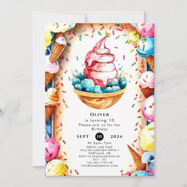 Custom Fun Creamy Ice Cream Birthday Invitation (Front)