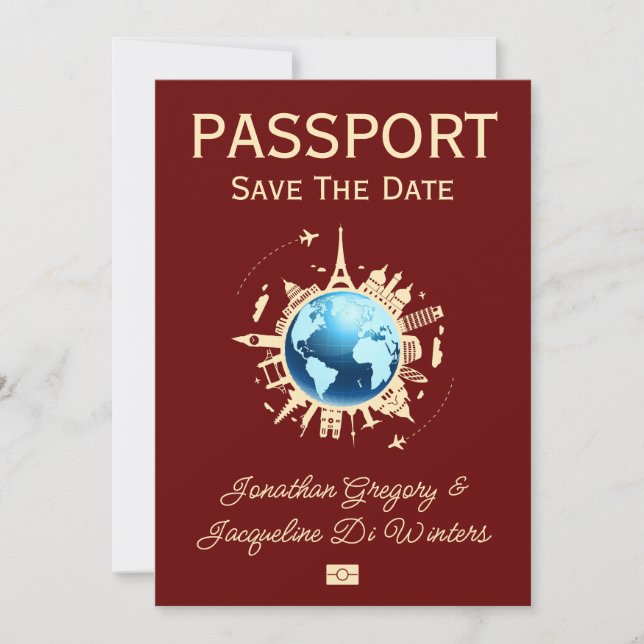 Custom Fun Destination Passport Save The Date Invitation (Front)