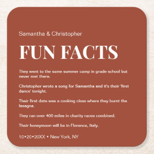 Custom fun fact list Wedding  Square Orange Paper Coaster