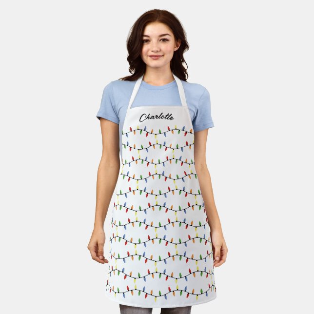 Custom Fun Festive Holiday String Lights Pattern Apron (Worn)