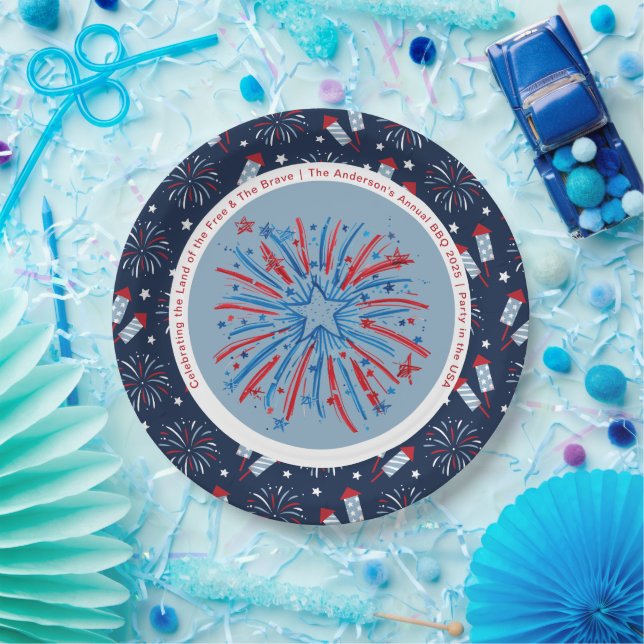 Custom Fun Fireworks 4th July Red White Blue Paper Plate (Party)