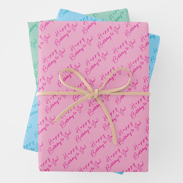Custom Fun Happy Birthday Pattern Pink Blue Green Wrapping Paper Sheet (In situ)