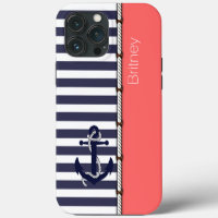 Custom Fun Navy Blue White Stripe Coral Blush Pink