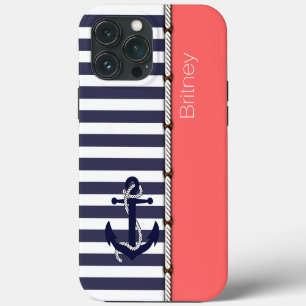 Custom Fun Navy Blue White Stripe Coral Blush Pink iPhone 13 Pro Max Case