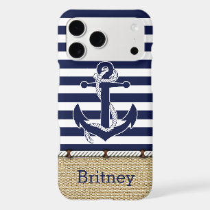 Custom Fun Navy Blue White Stripe Faux Jute Burlap