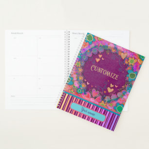 Custom Fun Personalised Name Purple Floral Stripe  Planner