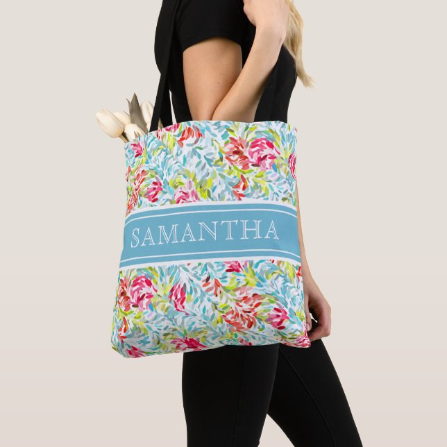 Custom Funky Summer Watercolor Splatter Pattern Tote Bag (Close Up)