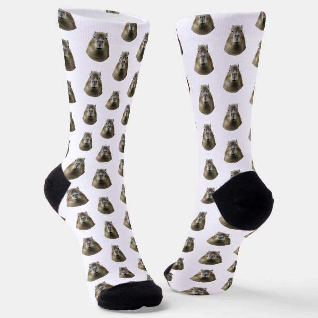 Custom funny and cute capybara photo pattern white socks (Angled)