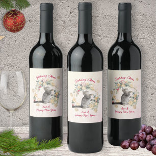 Custom Funny Cat Botanical Holly Berries Christmas Wine Label