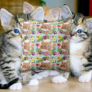 Custom Funny Cat Photo Tropical Leaves Hawaiian  Cushion