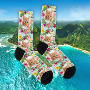 Custom Funny Cat Photo Tropical Leaves Hawaiian  Socks