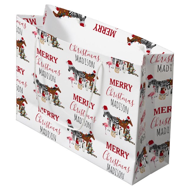 Custom Funny Christmas Animals Santa Hats Lights   Large Gift Bag (Front Angled)