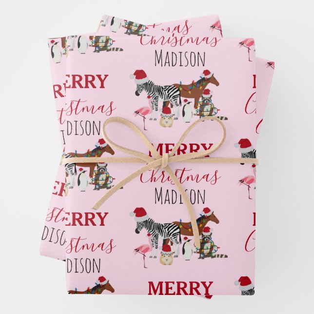 Custom Funny Christmas Animals Santa Hats Lights  Wrapping Paper Sheet (In situ)