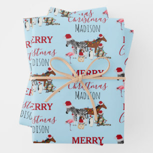 Custom Funny Christmas Animals Santa Hats Lights   Wrapping Paper Sheet