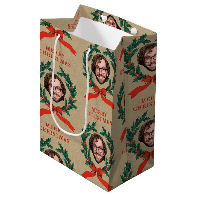 Custom Funny Christmas Wreath Face Photo Kraft Medium Gift Bag (Front Angled)