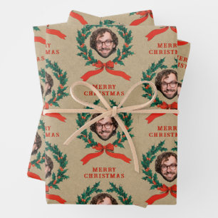 Custom Funny Christmas Wreath Face Photo Kraft Wrapping Paper Sheet