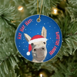 Custom Funny Donkey Santa Pun 2025 Holiday Ceramic Tree Decoration