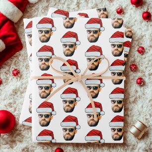 Custom Funny Face Santa Hat Photo Christmas Gift Wrapping Paper Sheet