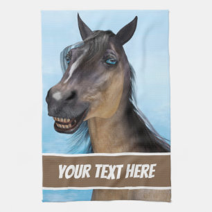 Custom Funny Horse Smile Portrait Art Tea Towel