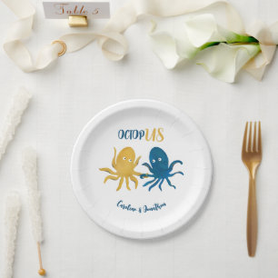 Custom Funny Navy and Gold Ocean Octopus Wedding Paper Plate