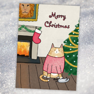 Custom Funny Orange Cat Mouse Under Christmas Tree Holiday Card