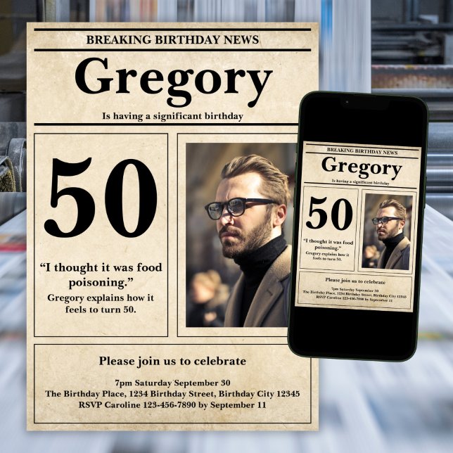 Custom Funny Quote Retro Newspaper 50th Birthday Invitation (Creator Uploaded)